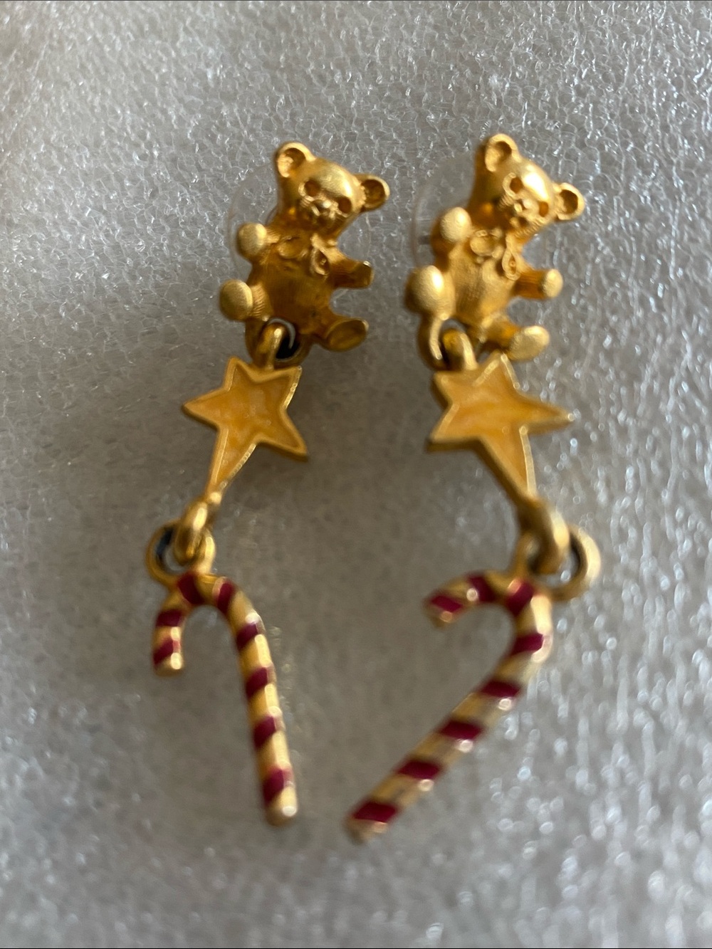 Gold Teddy Star Candy Cane Drop Earrings for Kids or Adults